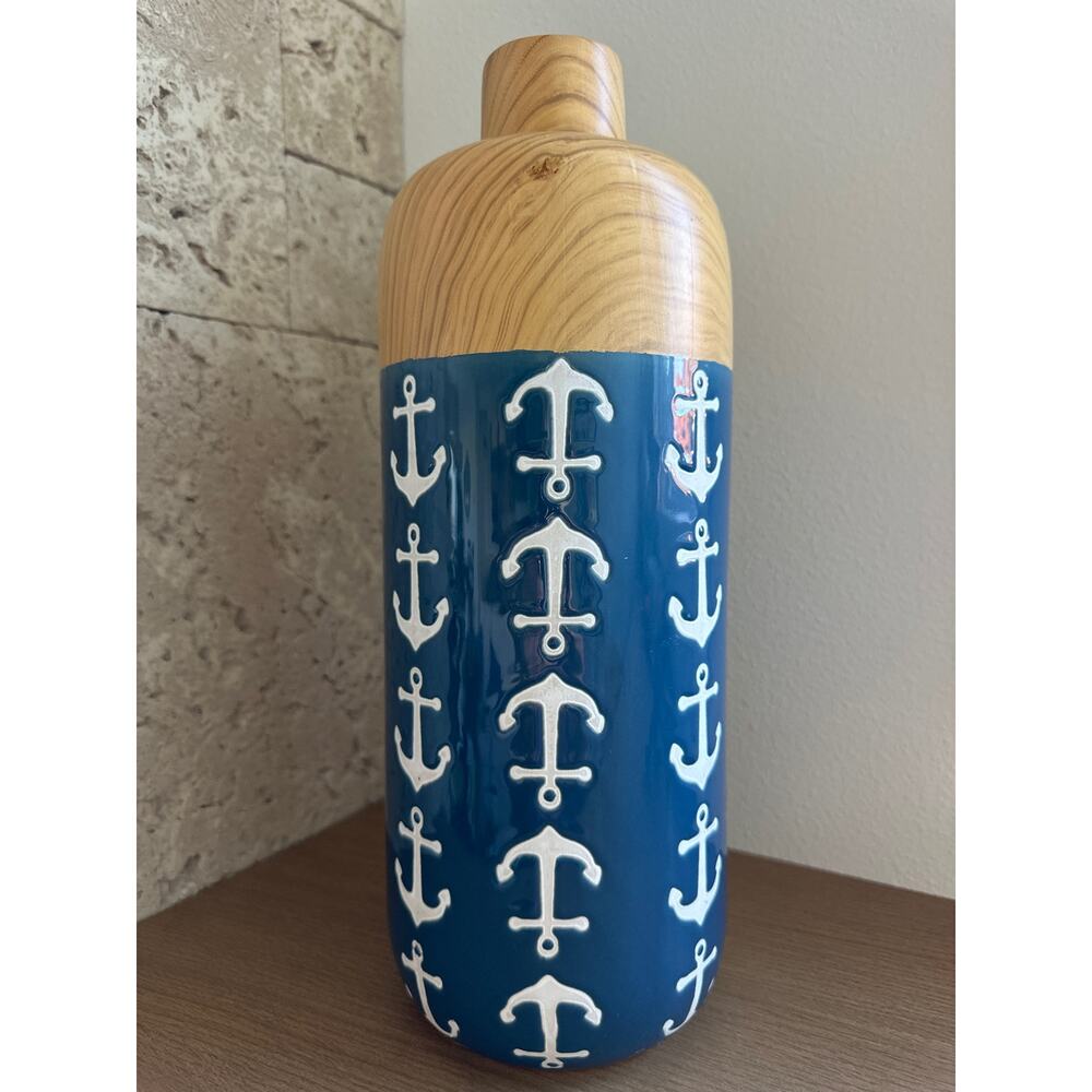 Rare Blue White Anchor Ceramic Vase with Woodgrain Top. 14.5” tall and 5” wide